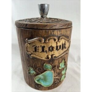 Vintage Treasure Craft Flour Canister Jar Pear Wood Grain Kitchen Made USA